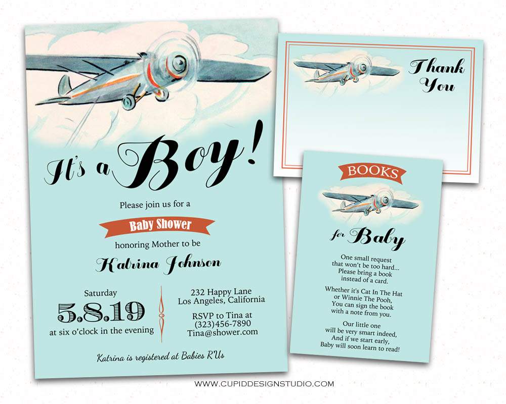 Vintage airplane baby shower invitations, bring a book, thank you card,  printable or printed.