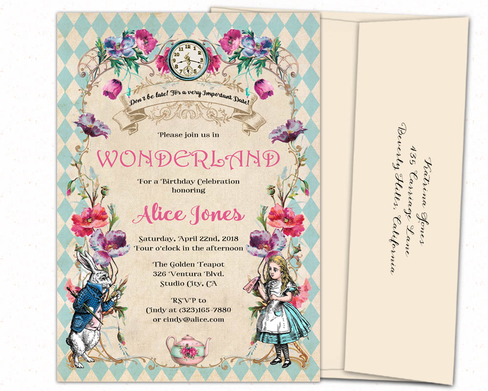 Elegant Alice in Wonderland invitations - 5x7