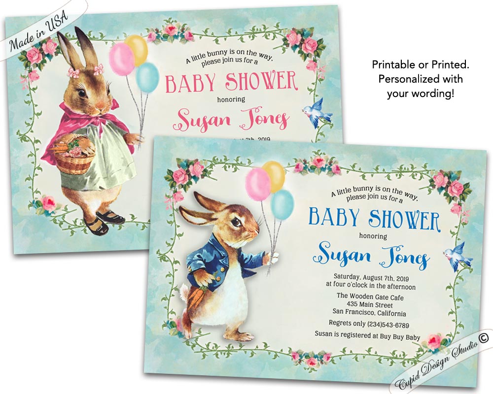 Peter Rabbit baby shower invitations, Beatrix Potter invites, personalized  printable or printed 5x7